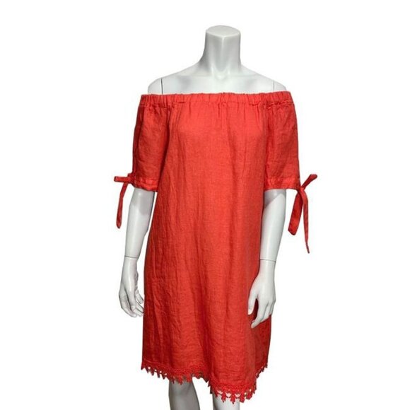 Lungo L'arn0 Italian 100% Linen Red Off the Shoulder Tie Sleeve Mini Shift Dress - Picture 1 of 10